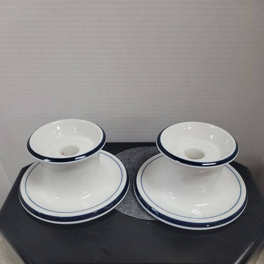 Dansk PAIR ceramic candleholders candle pillar or taper 6" White blue stripe